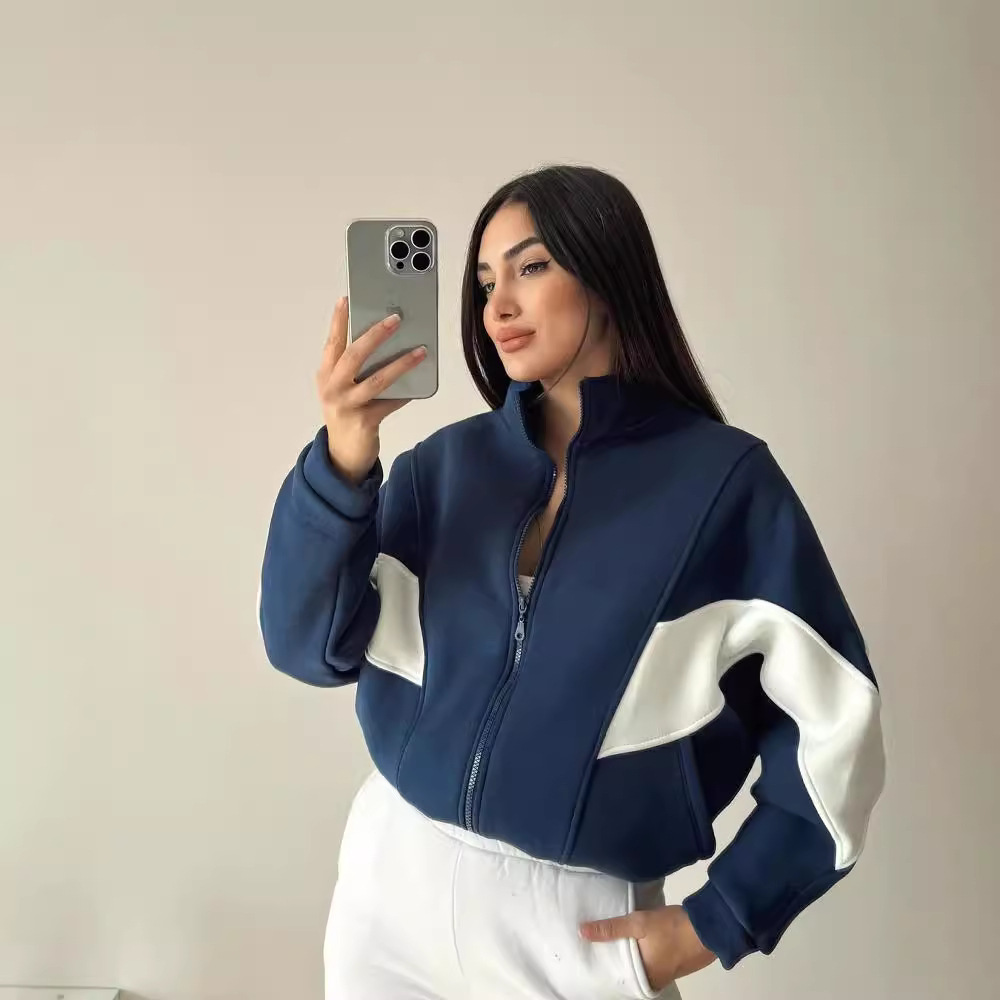 Women's Loose Colorblock Stand Collar Zip-Up Jacket