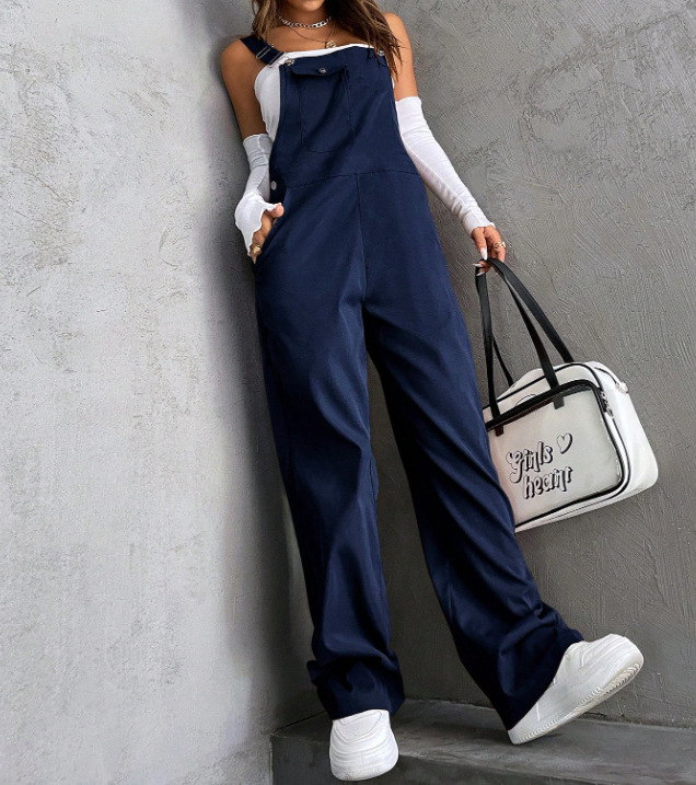 Women's Vintage Solid Straight-Leg Cargo Overalls Loose Casual Jumpsuit