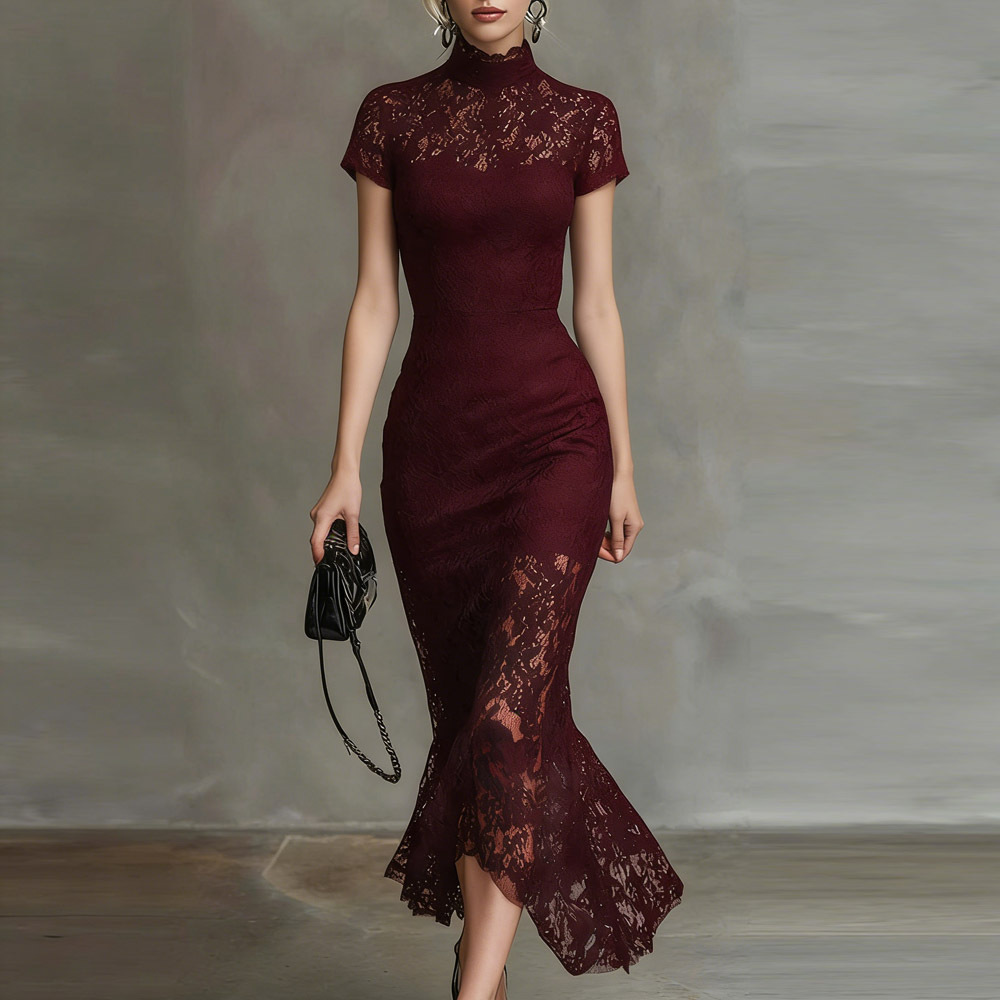 High-Waist Lace-Trim Bodycon Long Dress Short Sleeve