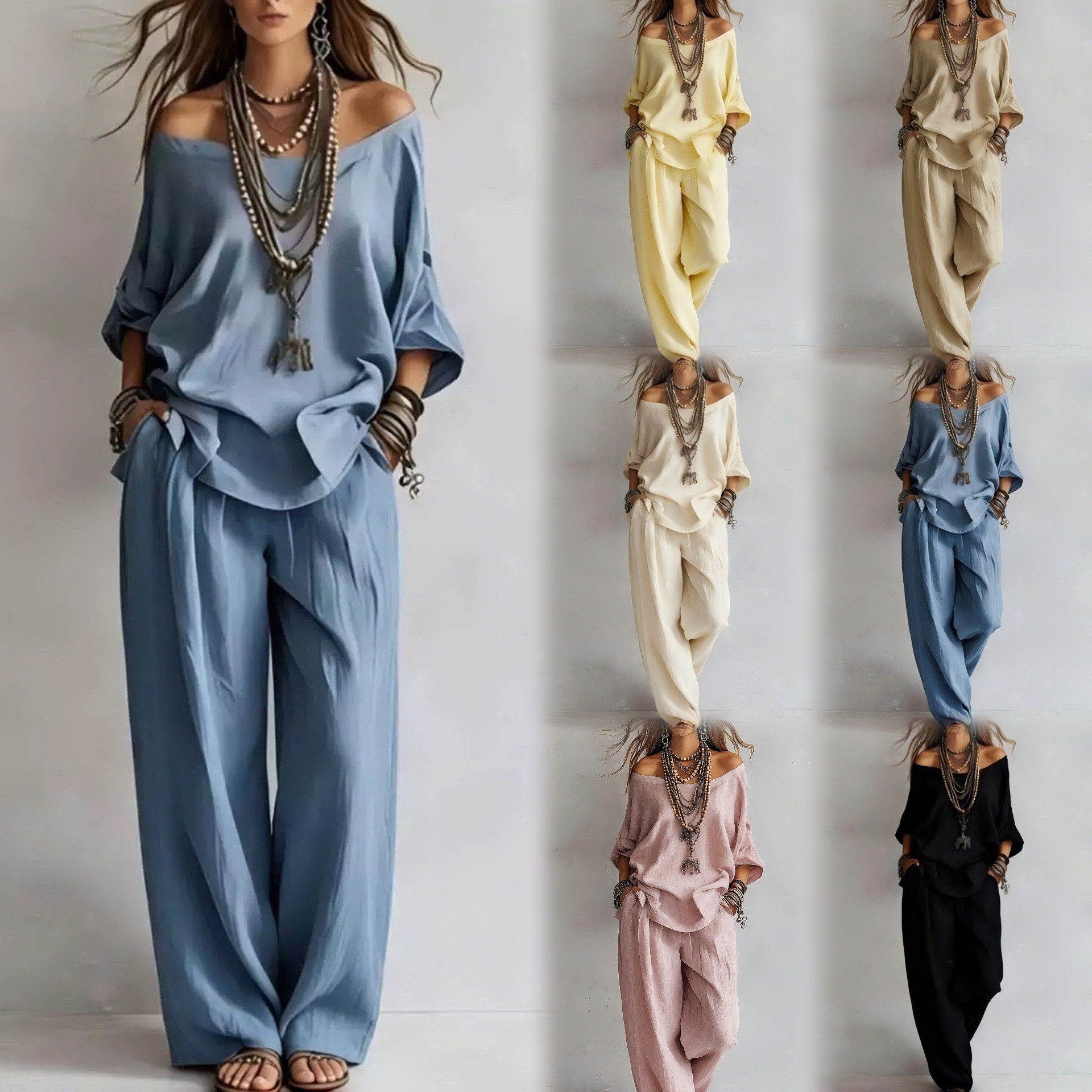 Off-Shoulder Loose Top and Wide-Leg Pants Two-Piece Set