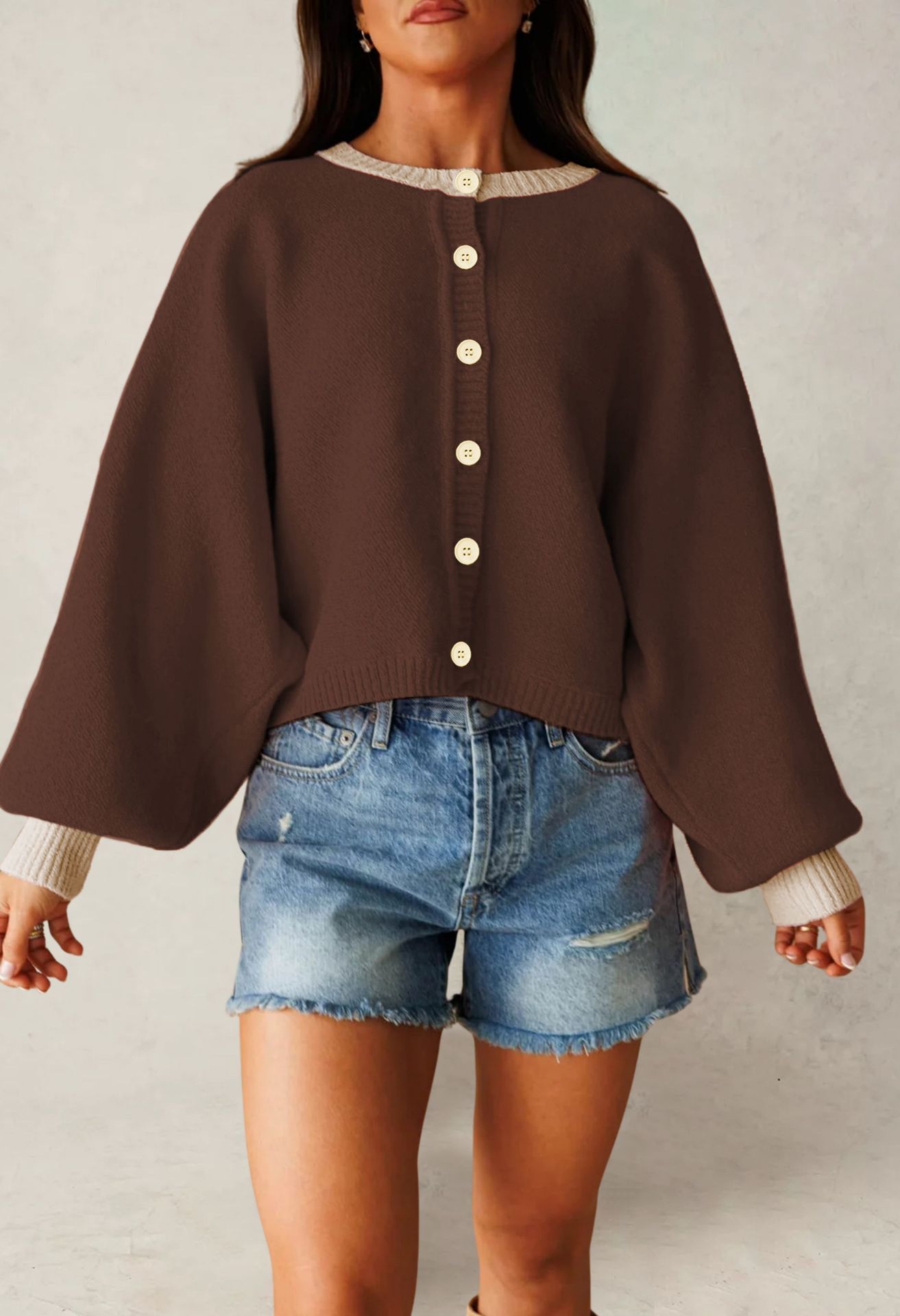 Women's Loose Knit Cardigan Color-Block Long Sleeve