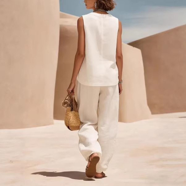 Women's Sleeveless Linen-Blend Tank Top and Wide-Leg Pants Set