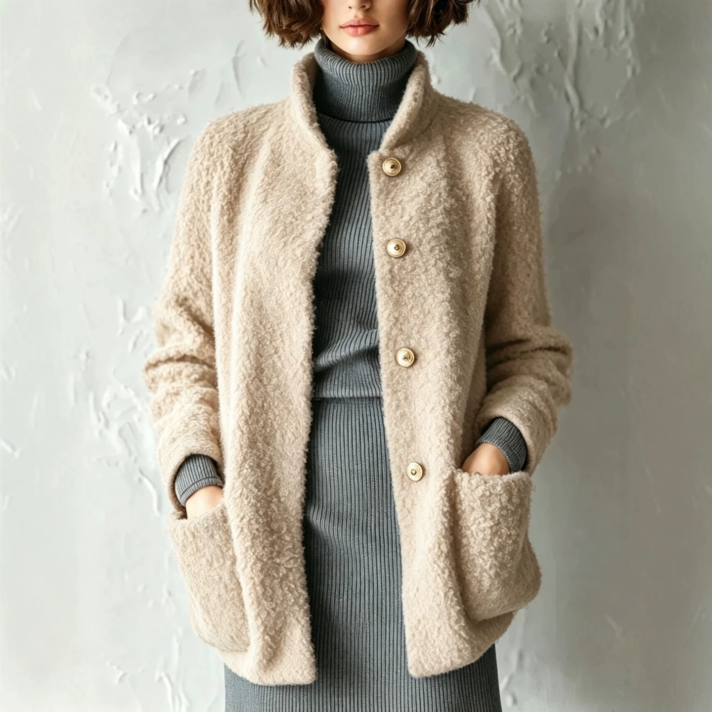 Women's Fuzzy Button-Up Cardigan Solid Color Loose Fit