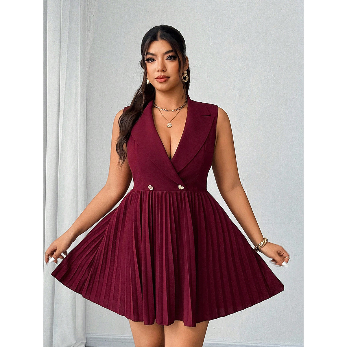 Wine Red Sleeveless Deep V-Neck Pleated Mini Dress Plus Size Slimming Party Dress