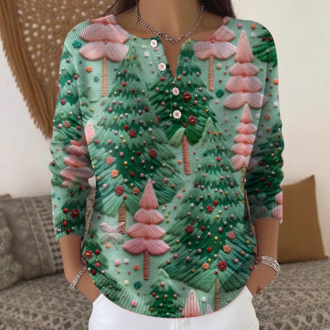 Women's Christmas Dinosaur Forest Print Button Sweatshirt