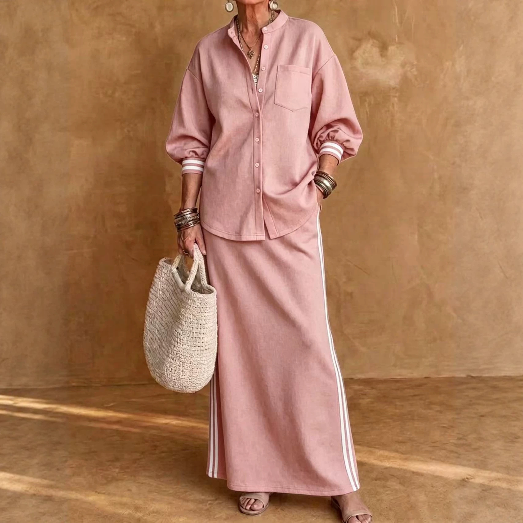 Women's Button-Up Collared Shirt and Striped Midi Skirt Two-Piece Set
