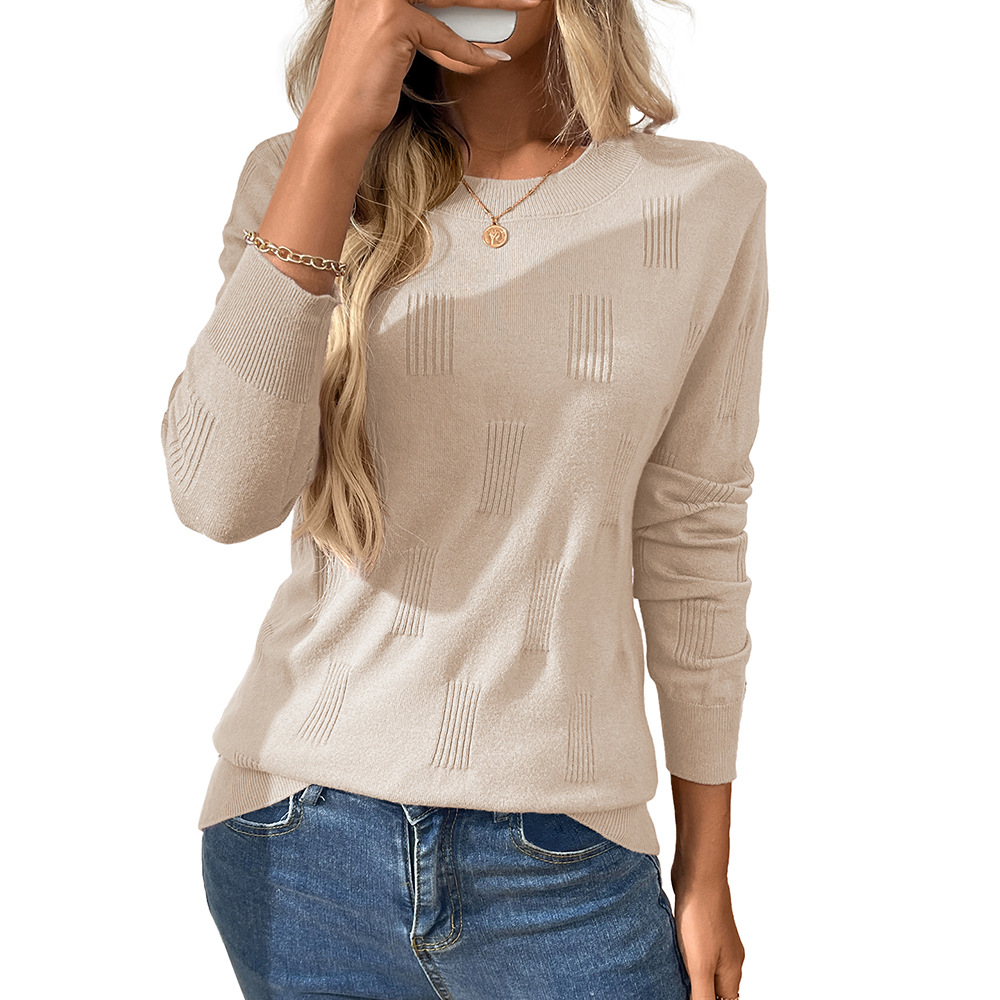 Solid Crewneck Pullover Knit Sweater with Scratch Detail Long Sleeve