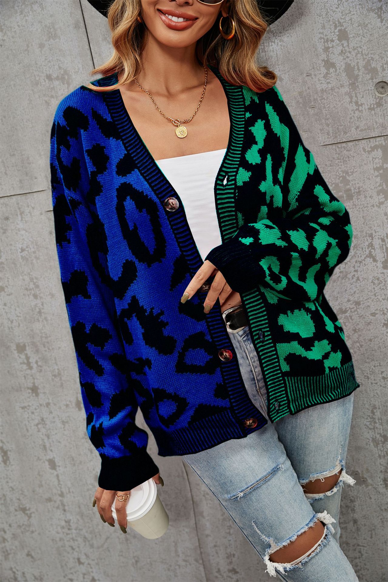 Leopard Print Patchwork Plus Size Button Cardigan Knit Sweater