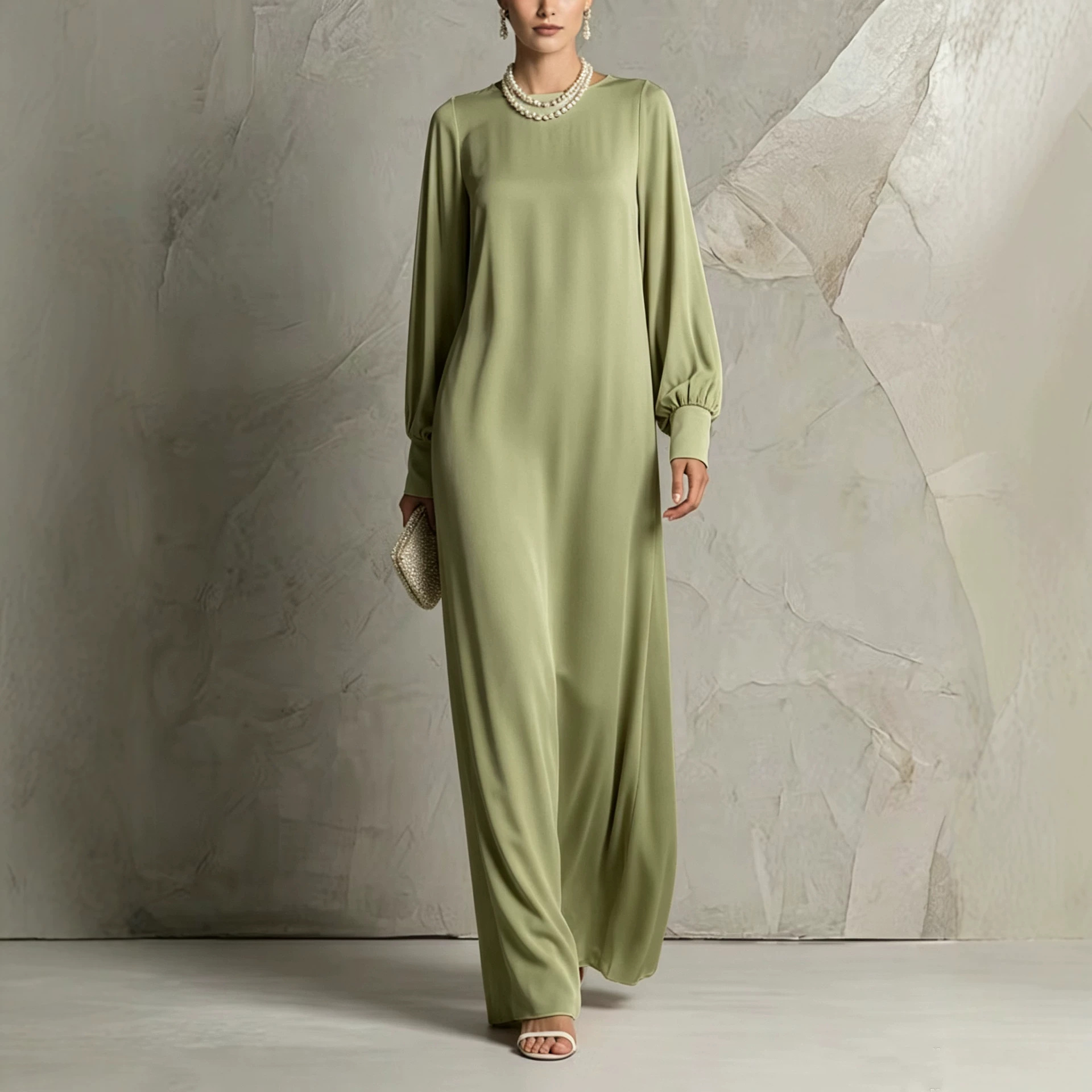Solid Silk-Feel Lantern Sleeve Maxi Dress with Round Neck and Flowing Oversized Skirt