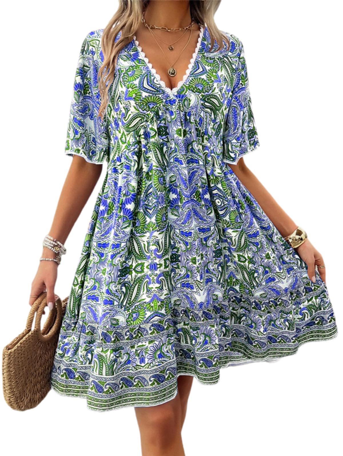 Floral Print Short Sleeve V-Neck Midi Dress with Lace Trim