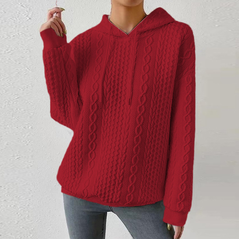 Plus Size Jacquard Hooded Lace-Up Long Sleeve Knit Sweatshirt