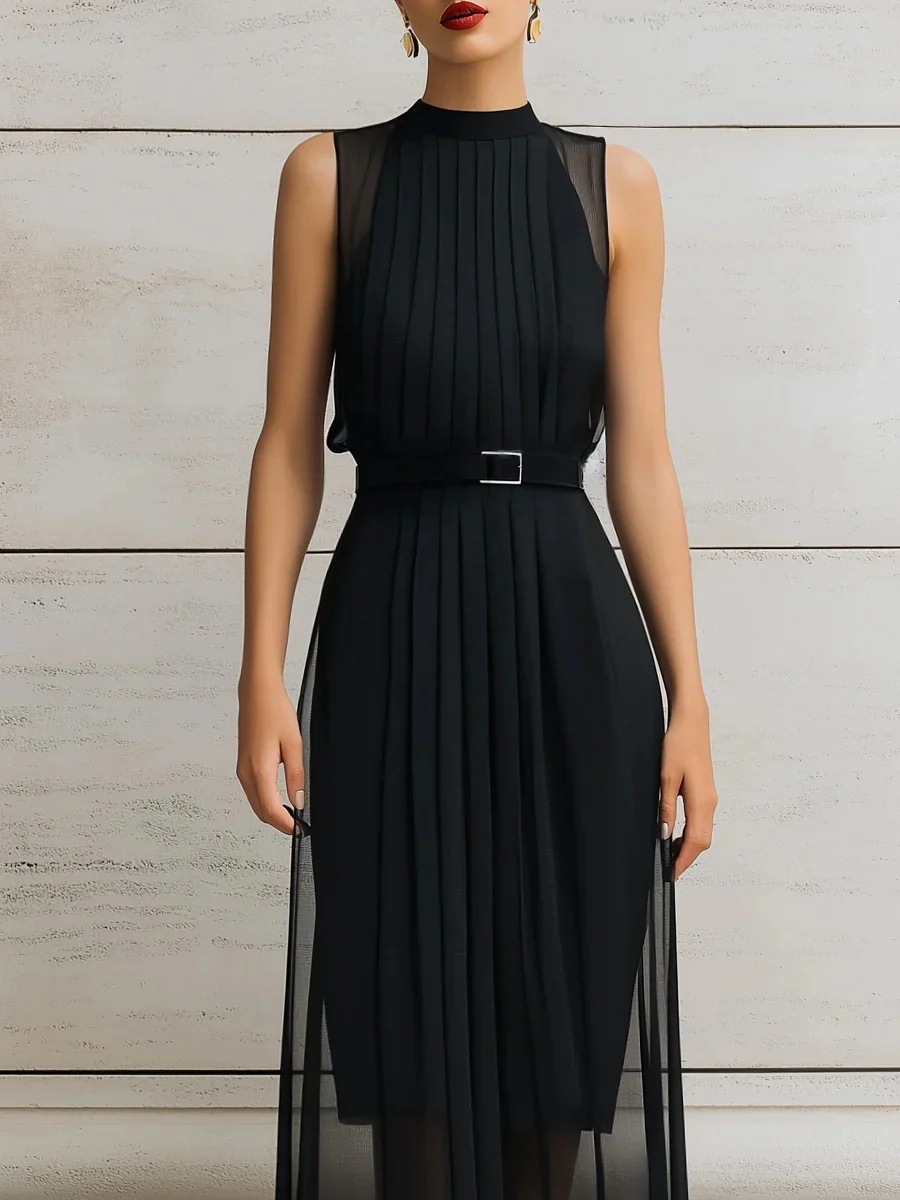 Black Sleeveless Pleated Waist Midi Dress