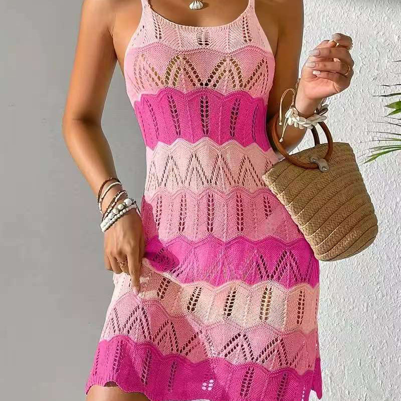 Women's Colorblock Knit Beach Cover-Up Dress Sleeveless Midi