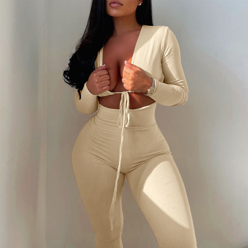 Women's Solid Color Lace-Up Cutout Long Sleeve Bodycon Jumpsuit