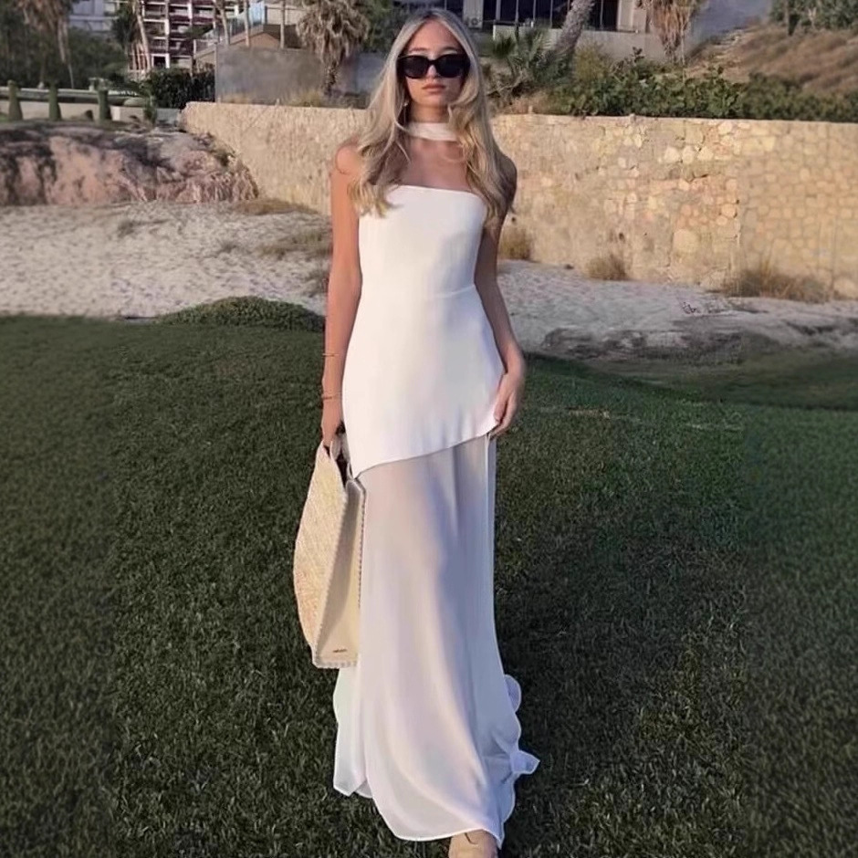 ZA-Style Tie-Neck Halter Mesh Panel A-Line Dress
