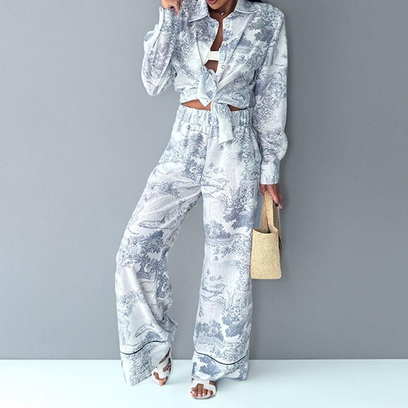 Women's Printed Colorblock Wide-Leg Pants Set Casual Two-Piece