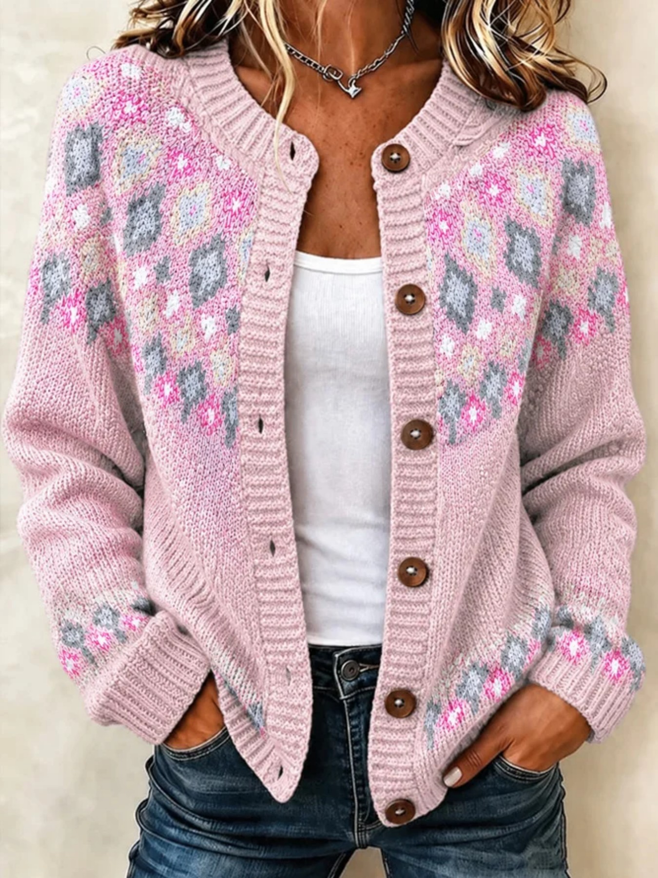 Women's Floral Print Long Cardigan Casual Trendy Knit-Look Sweater