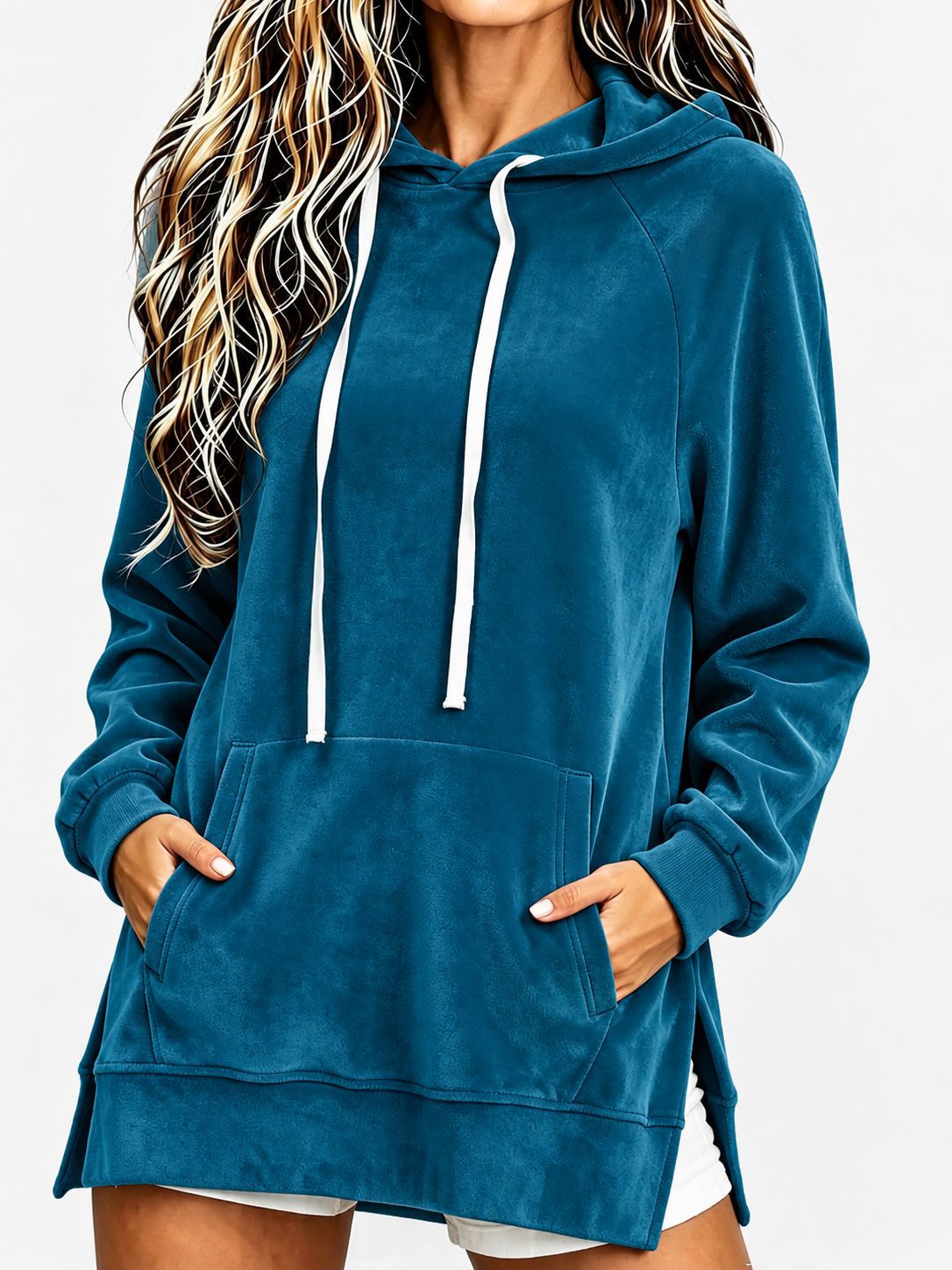 Women's Velvet Hooded Loose Mid-Length Pocket Sweatshirt