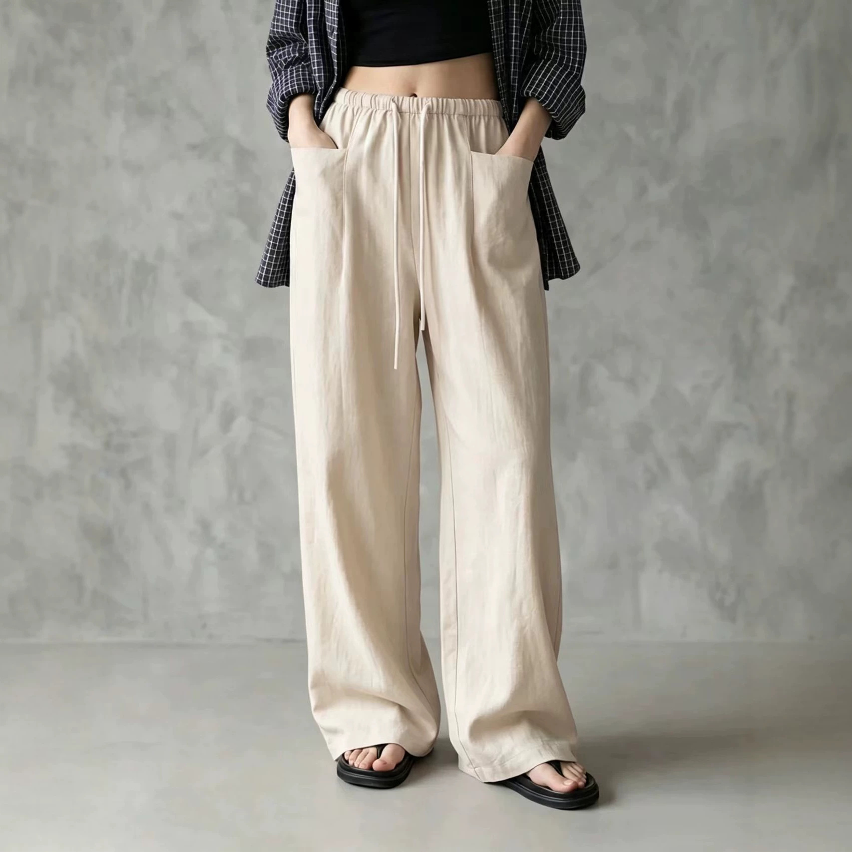 Women's Solid Color Wide-Leg High-Waist Drawstring Casual Pants