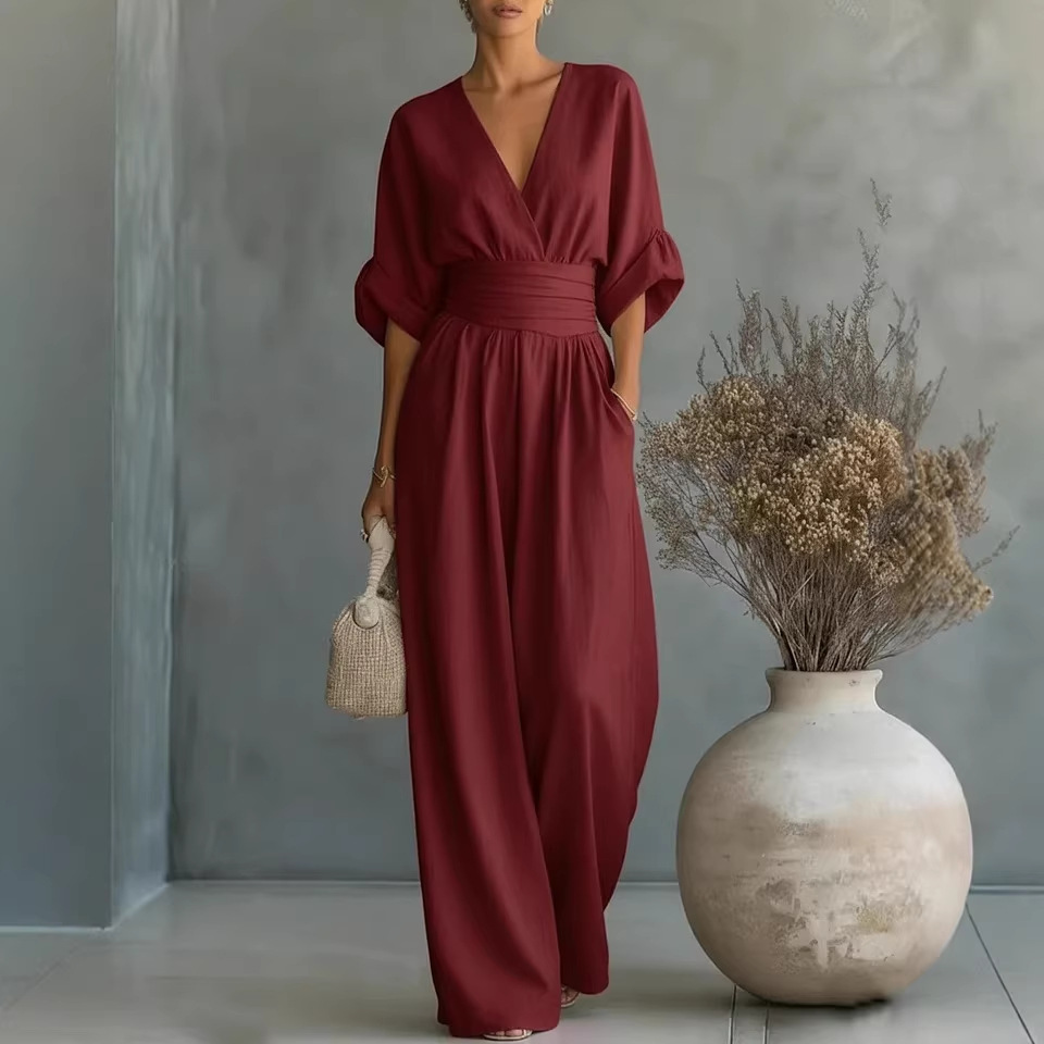 Elegant V-Neck Cinched Waist Wide-Leg Jumpsuit