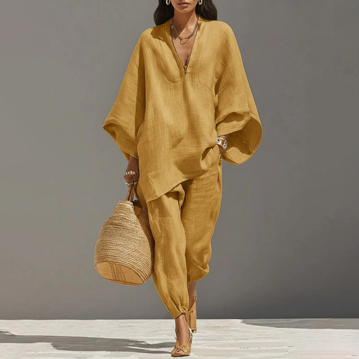Women's Batwing Sleeve V-Neck Loose Casual Two-Piece Set