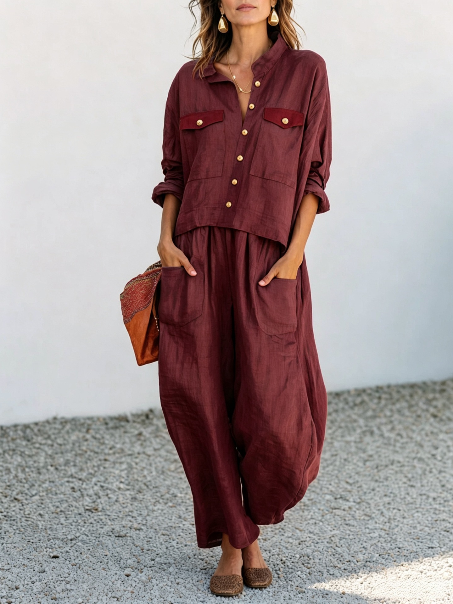 Women's Casual Loose Button Shirt and Wide-Leg Pants Two-Piece Set