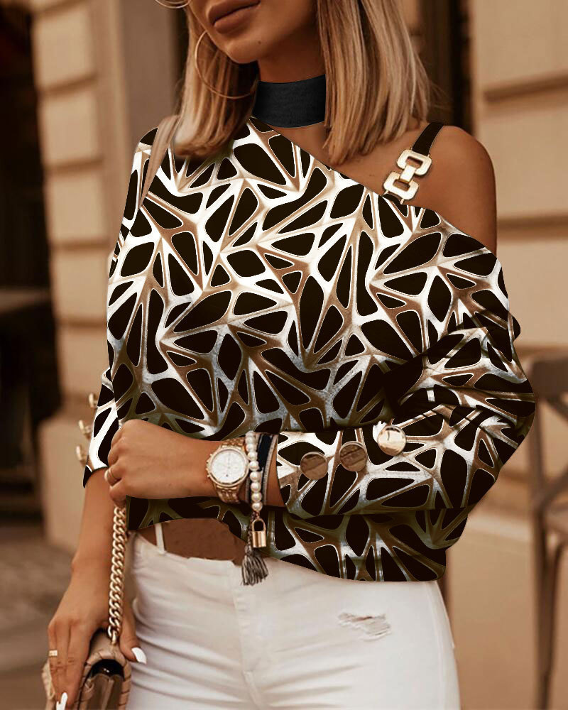 Women's Long Sleeve Chain Halter Neck Printed Button-Detail Top