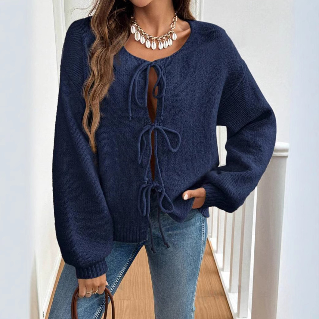 Women's Casual Loose Tie-Front Solid Knit Cardigan Sweater
