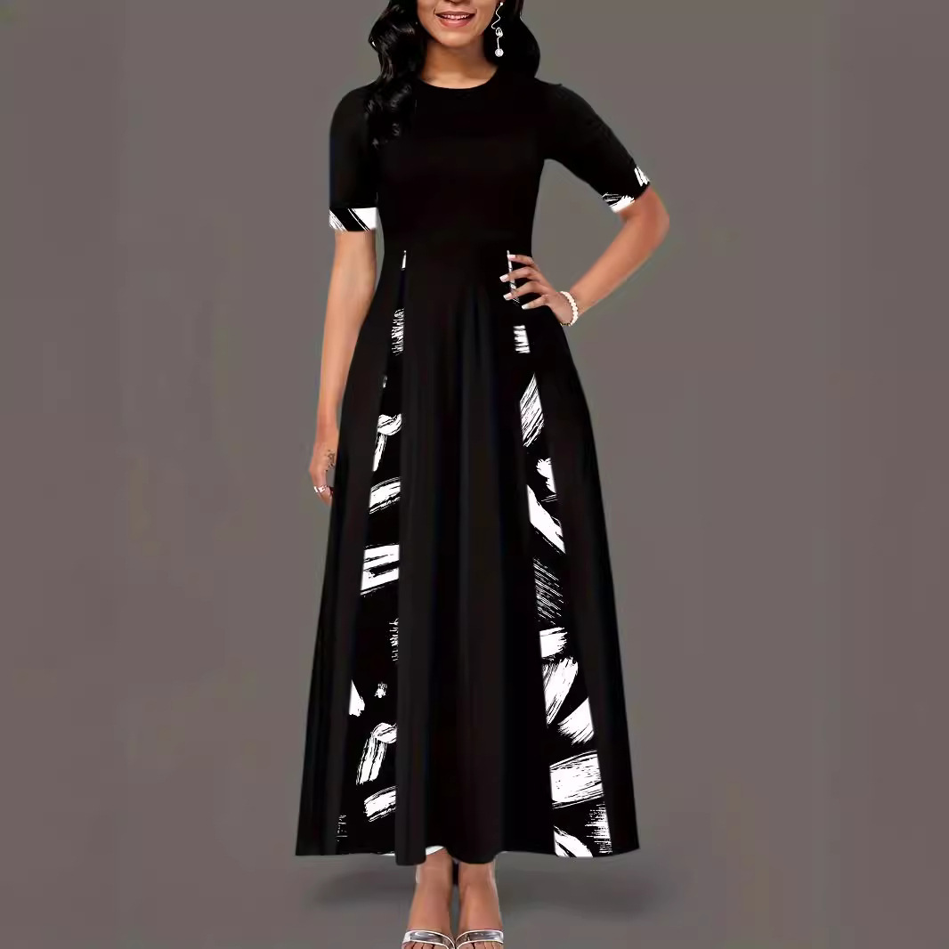 Color-Block Crew Neck Mid-Sleeve Irregular Long Dress