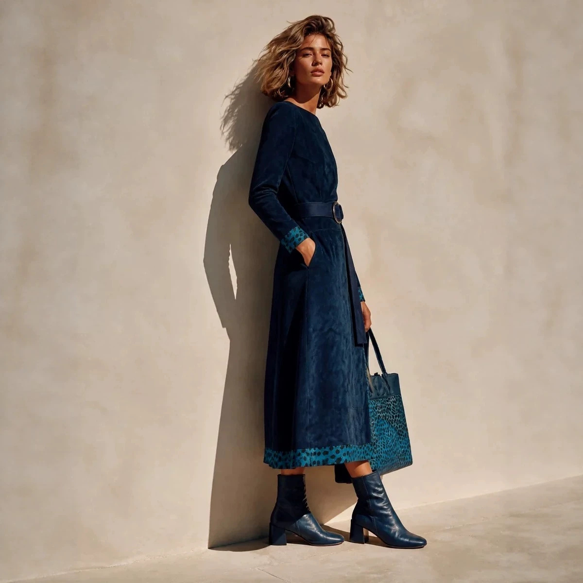 Navy Faux Suede Off-Shoulder Dress with Leopard Colorblock Waist