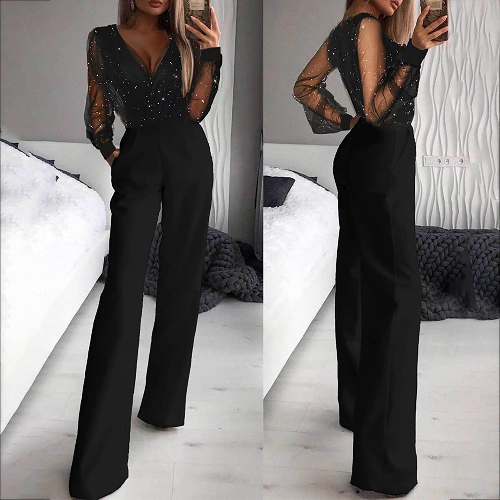 Elegant Sheer Mesh Splice High-Waist Jumpsuit