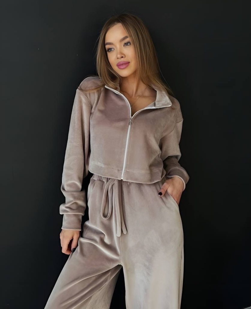 Women's Solid Color Long Sleeve Zip Cardigan & Wide Leg Pants Two-Piece Set