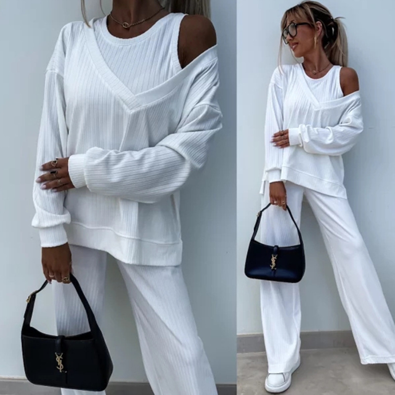 Women's Solid V-Neck Long-Sleeve Top & Pants 3-Piece Set