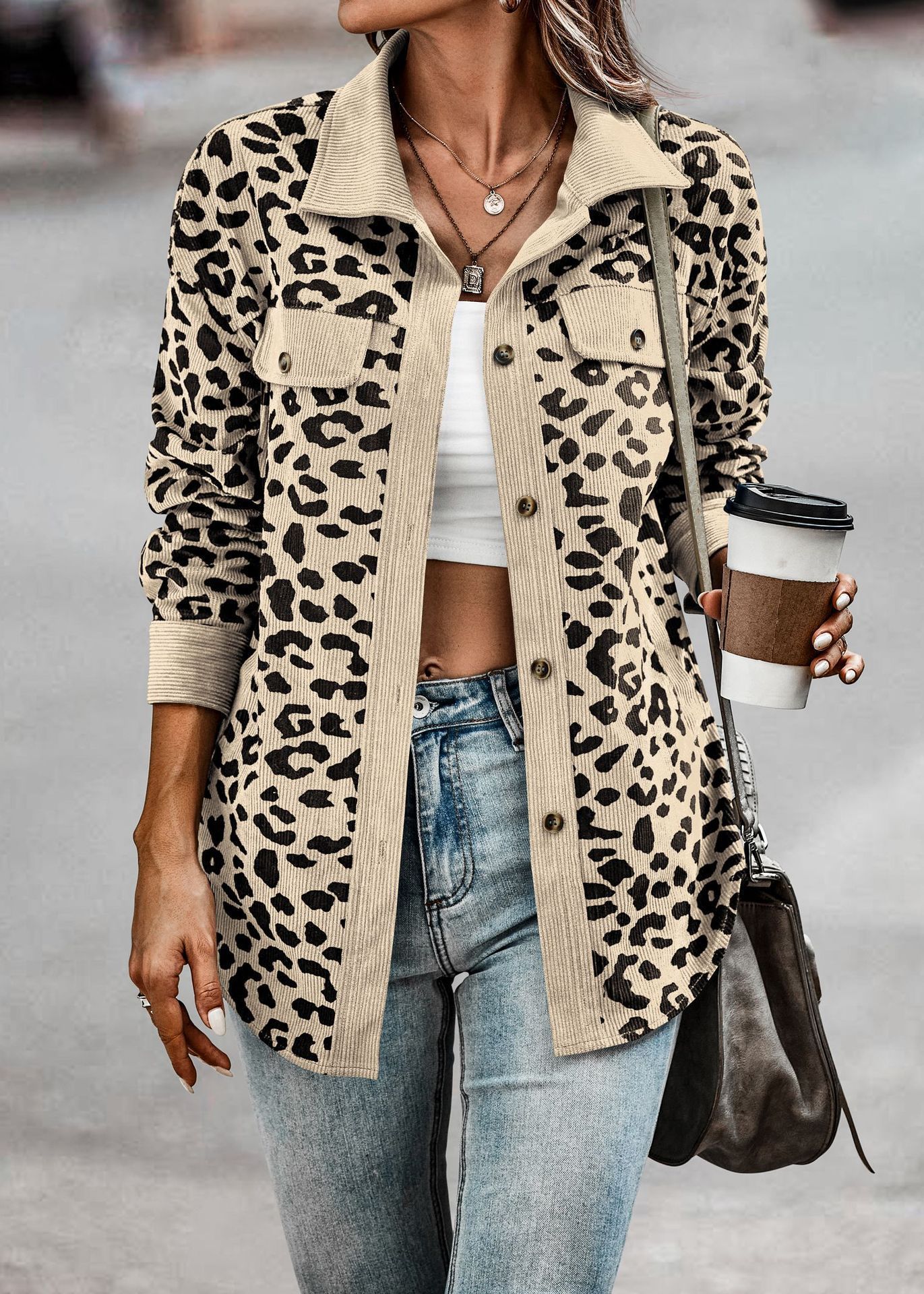 Leopard Print Button-Up Long Sleeve Jacket