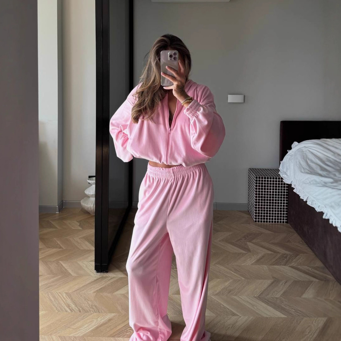 Women's Solid Color Zip-Up Hoodie and Jogger Two-Piece Set