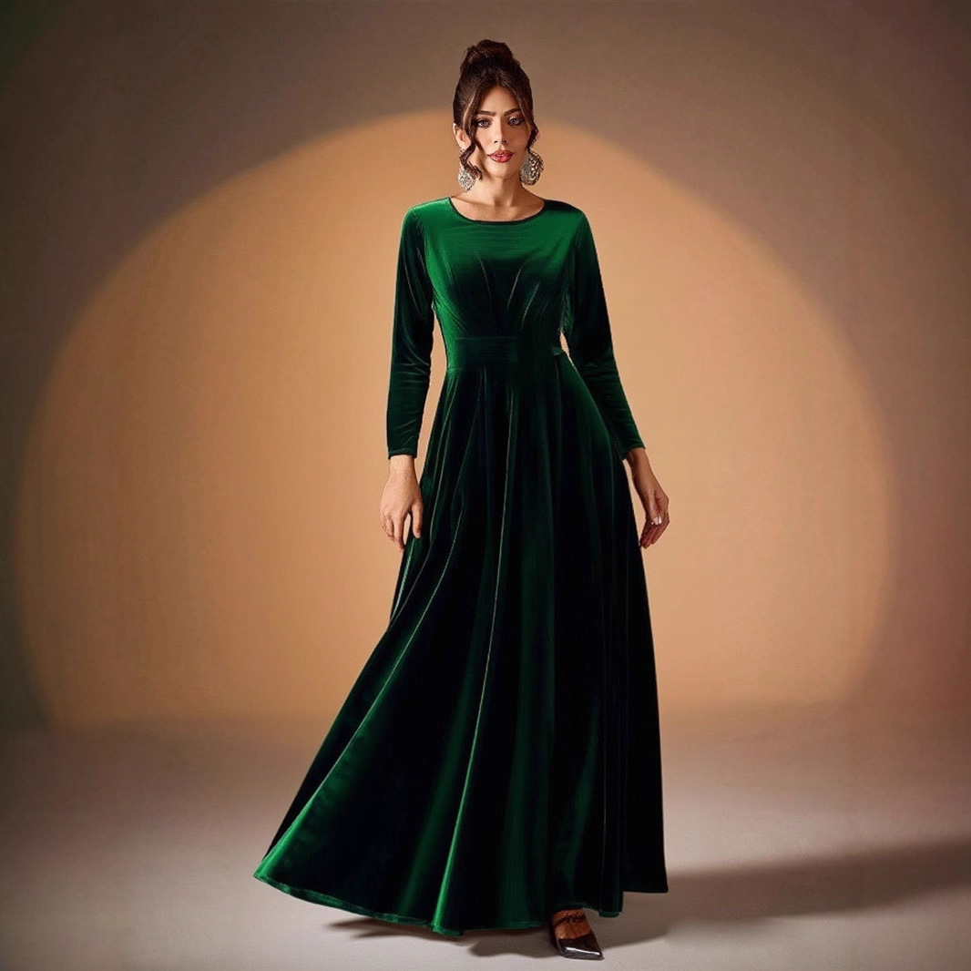 Women's Plus Size Velvet Long Sleeve Ruched A-Line Midi Evening Dress