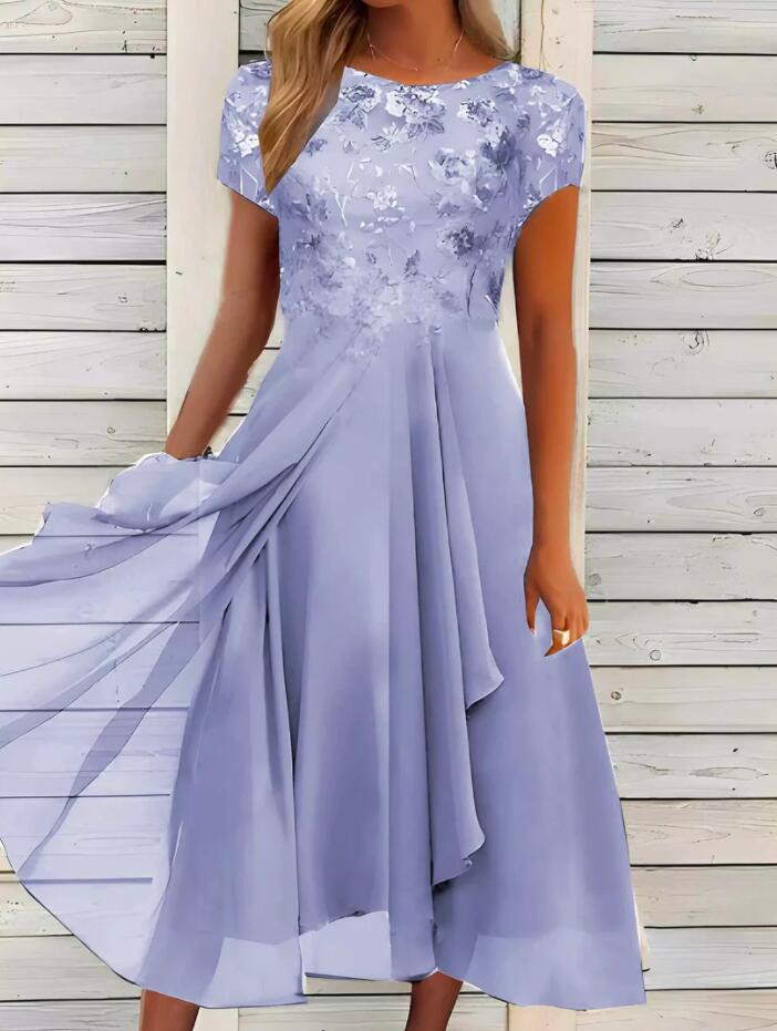 Chiffon Sequin Print Round Neck Maxi Dress