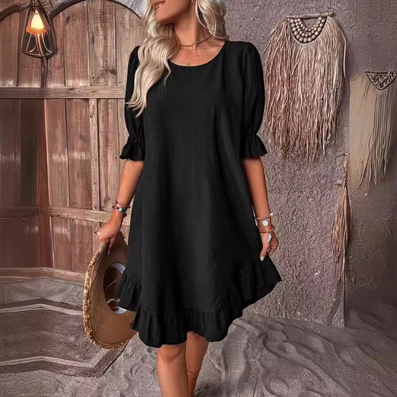 Women's Vintage Cotton-Linen Midi Dress Short Sleeve Round Neck Solid Color Loose Flared