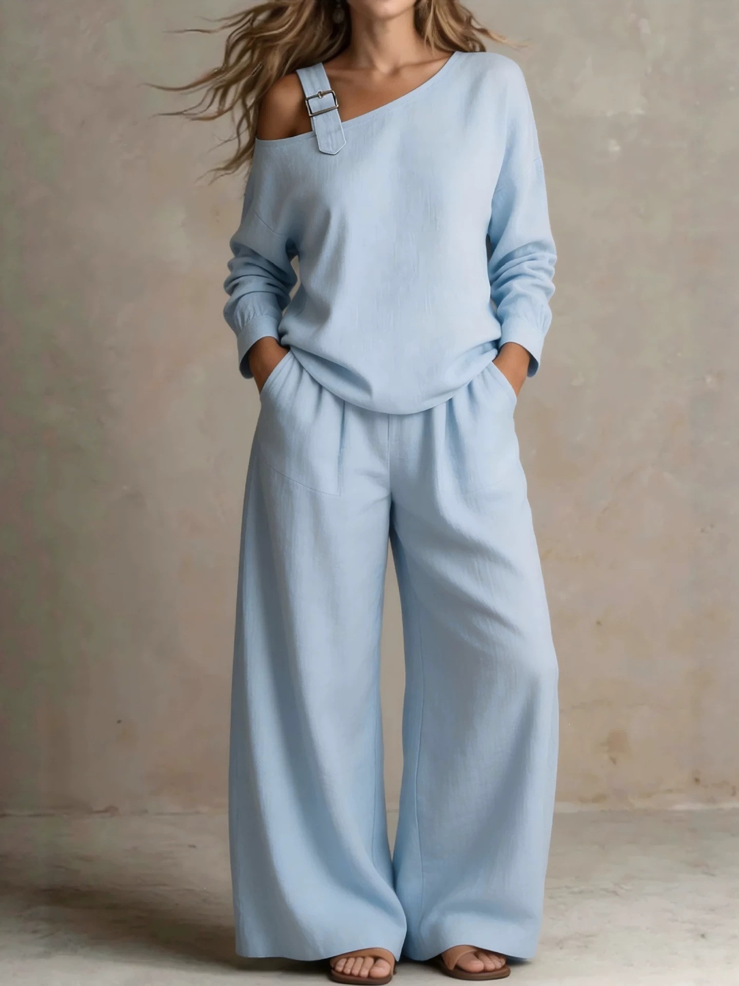 Women's Casual Loose One-Shoulder Linen-Blend Two-Piece Set