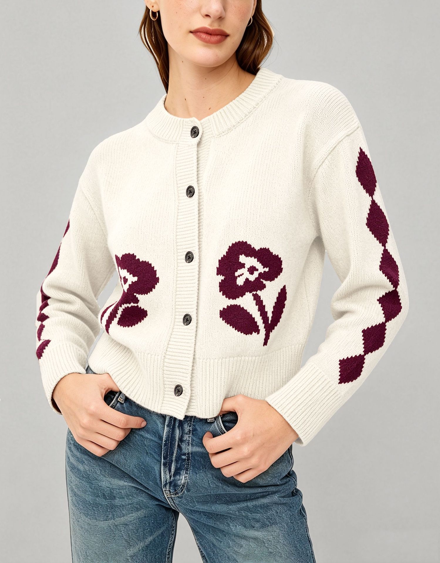 Women's Vintage Jacquard Knit Cardigan Button-Up Cropped Sweater Coat