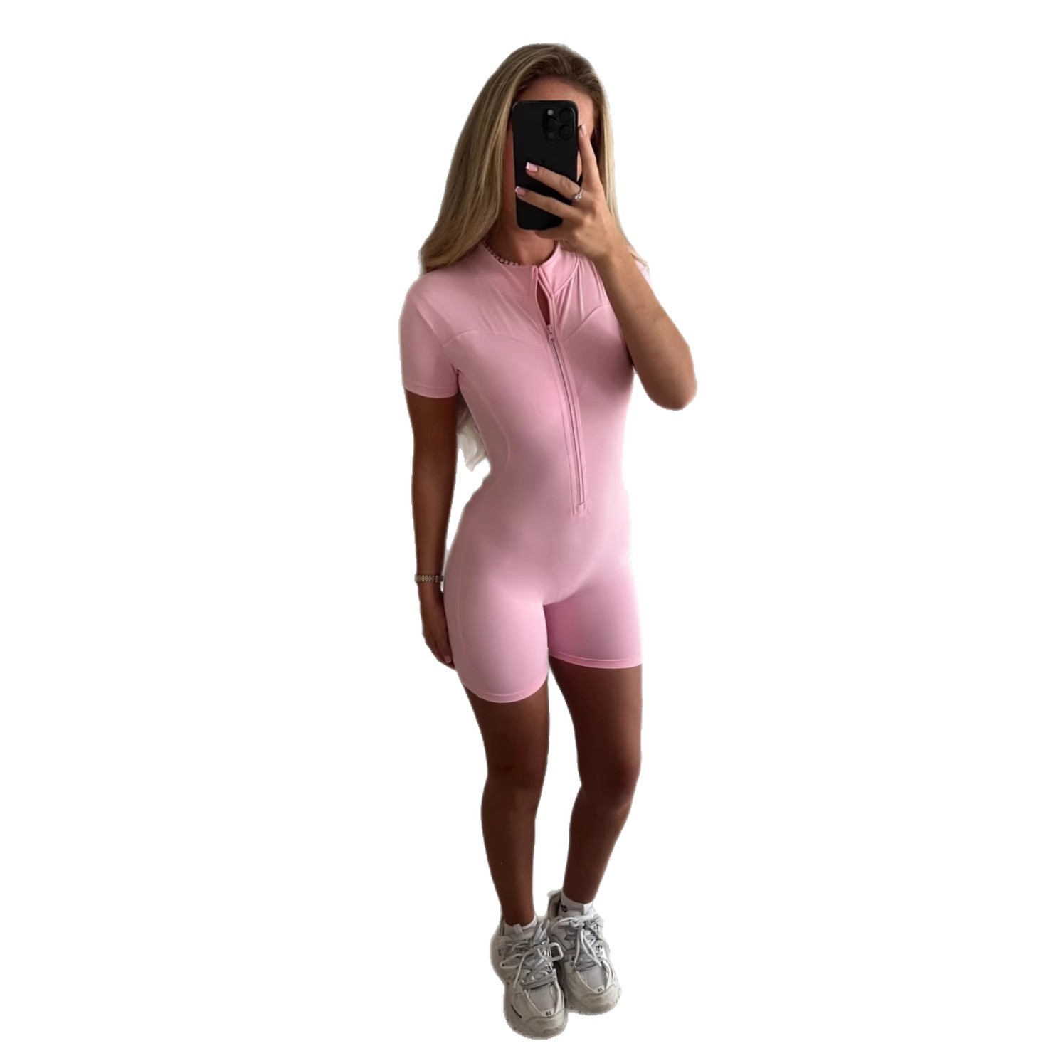 Women's Solid Color Half-Zip Short Sleeve Shorts Bodysuit