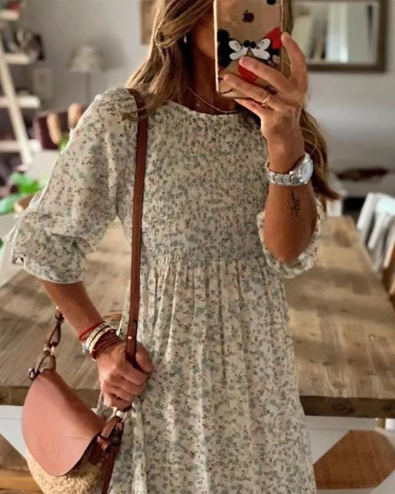 Women's Summer Floral Print Midi Dress Round Neck High Waist