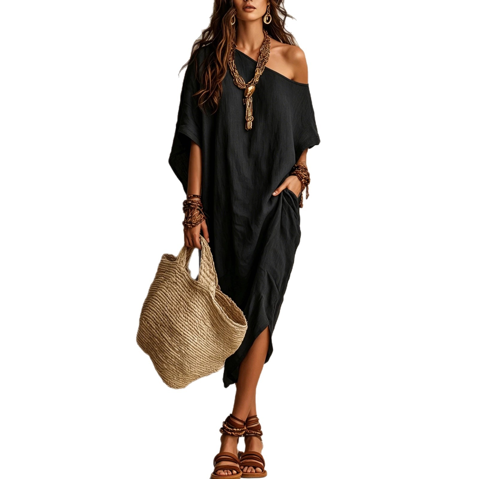 Women's One-Shoulder Cotton-Linen Blend Midi Dress with Batwing Sleeves and Slit