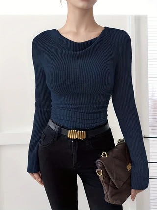 French Draped Cowl Neck Ribbed Knit Long Sleeve Top
