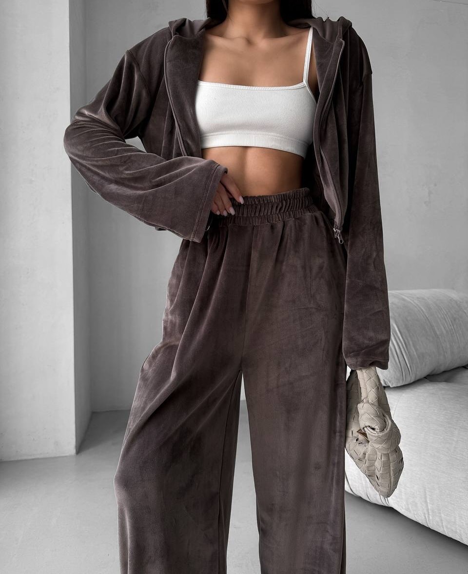 Velvet Hooded Two-Piece Set Women's Cropped Cardigan & High-Waist Wide-Leg Pants