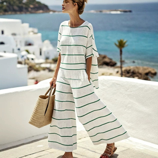 Striped Bohemian Print Short Sleeve Top & Pants Casual Set