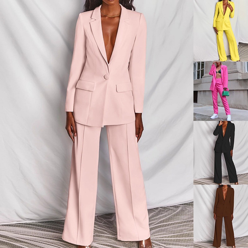 Women's Casual Blazer and Pants Suit Set Solid Color Long Sleeve