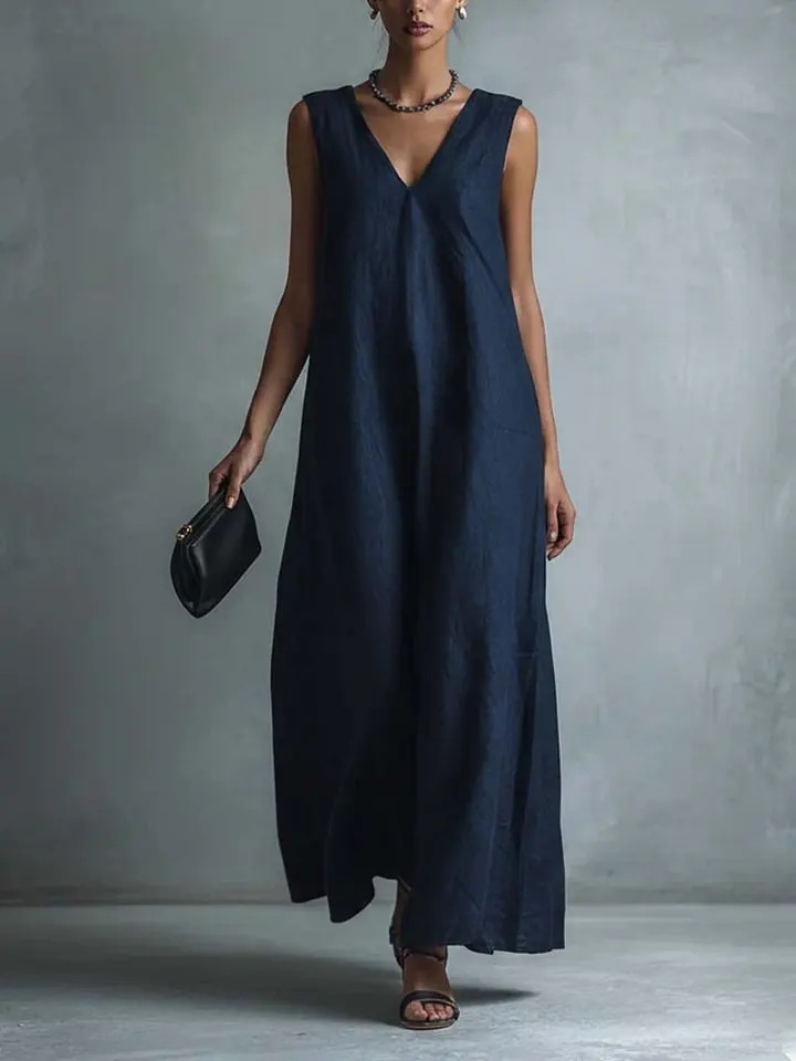 Women's V-Neck Sleeveless Cotton Linen Dress Casual A-Line Midi