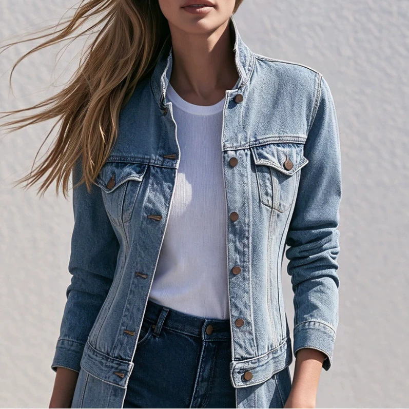 Retro Stand Collar Zip Washed Denim Blue Jacket