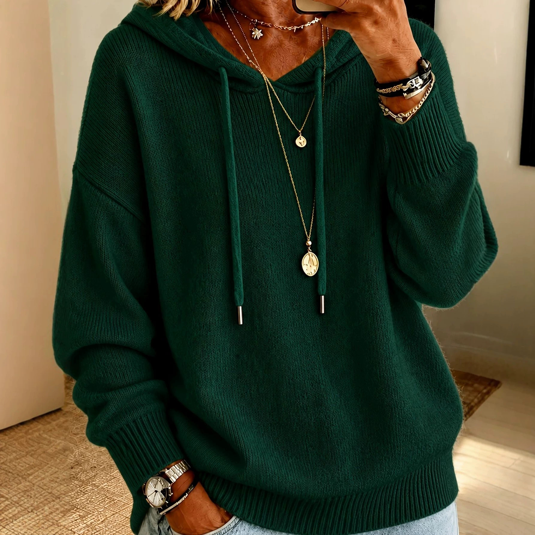 Women's Hooded Pullover Knit Sweater with Drawstring